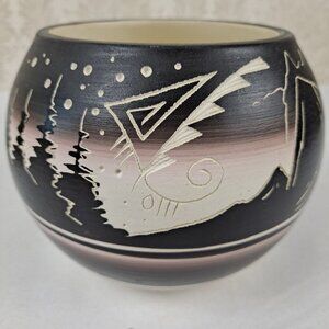 Hozoni Pottery Planter Hand Painted Native American Artist Signed Mountain Scene